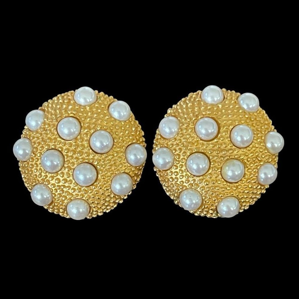 Vintage gold tone faux pearl clip on button style earrings